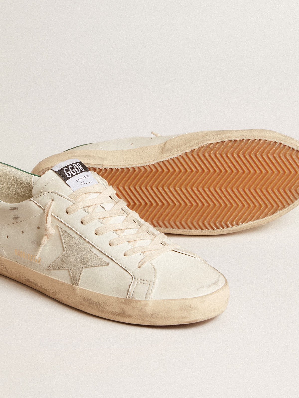 Men's White Leather Trainers with Green Heel Tab