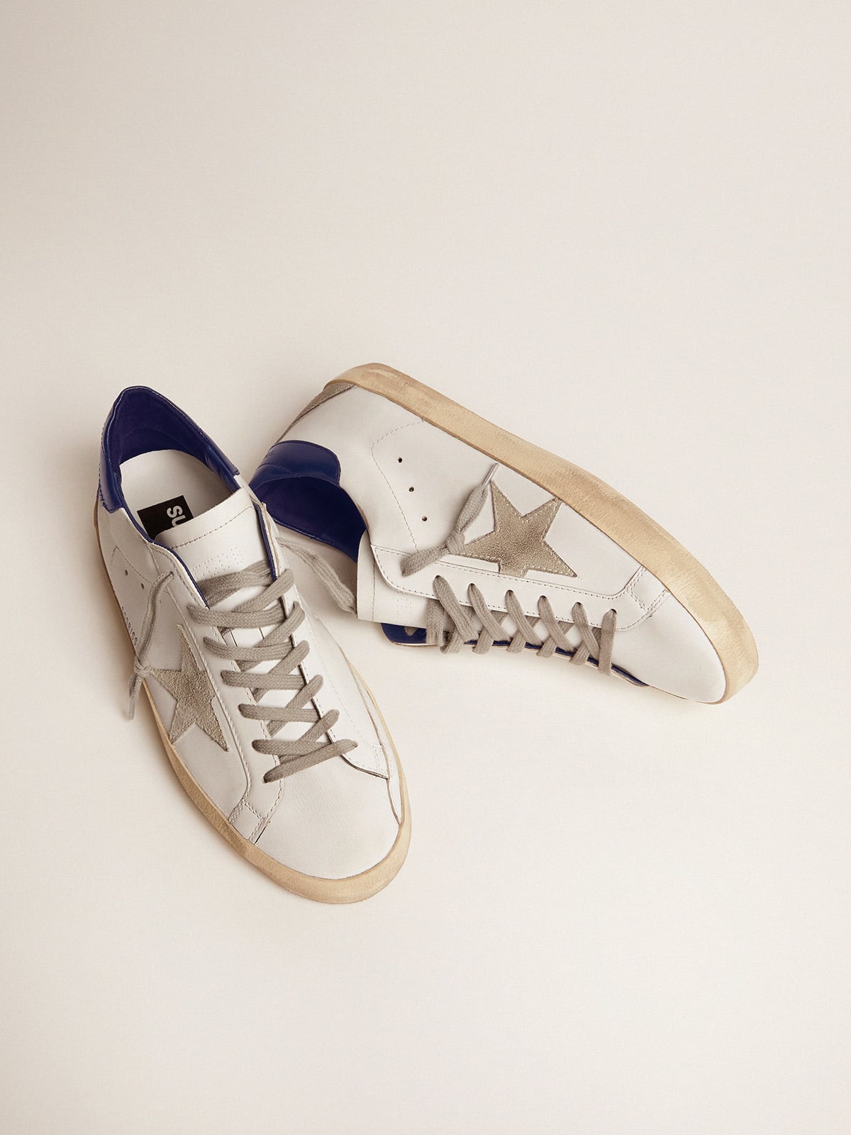 Men's White Leather Trainers with Blue Heel Tab