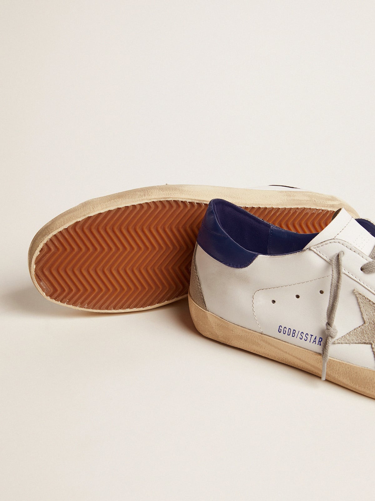 Men's White Leather Trainers with Blue Heel Tab