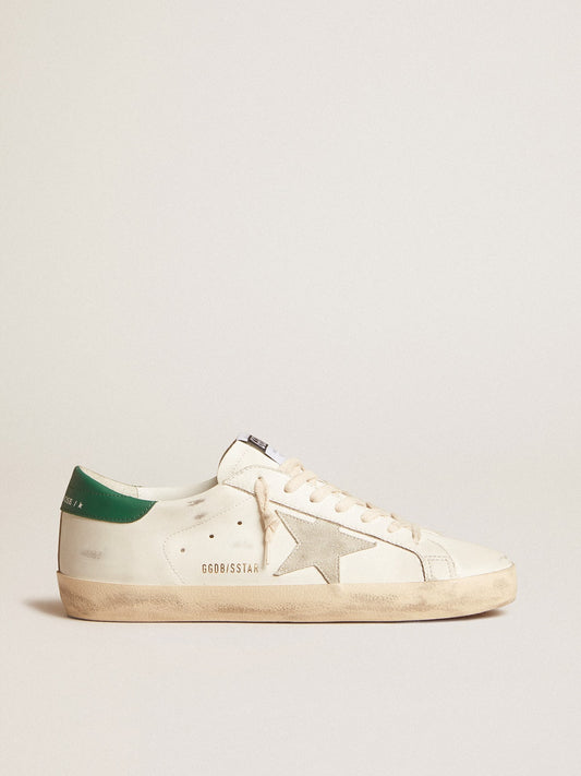 Men's White Leather Trainers with Green Heel Tab