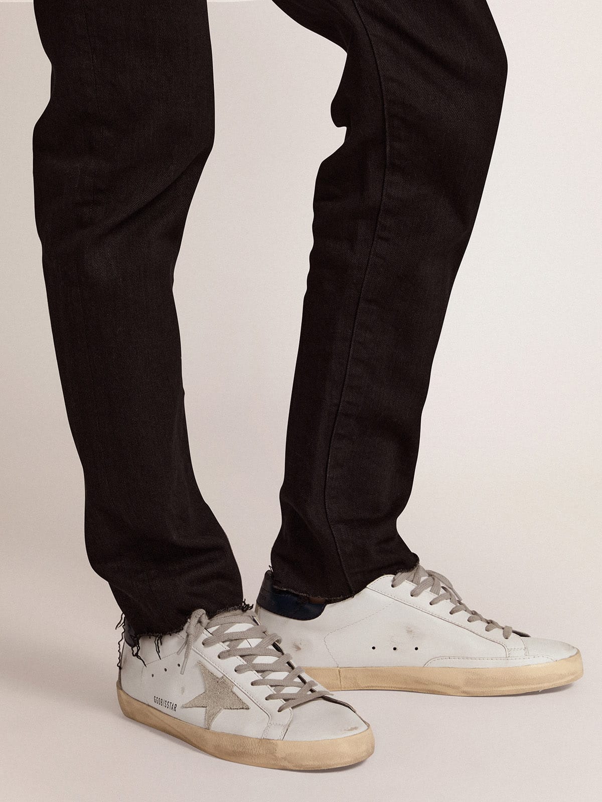 Men's White Leather Trainers with Blue Heel Tab