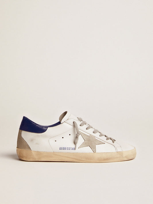 Men's White Leather Trainers with Blue Heel Tab