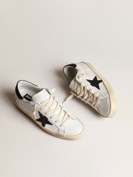 Women's White Leather Trainers with a Black Glitter Star